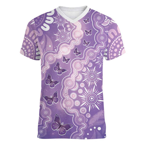 Australia Epilepsy Awareness Women V-Neck T-Shirt Purple Butterflies Aboriginal