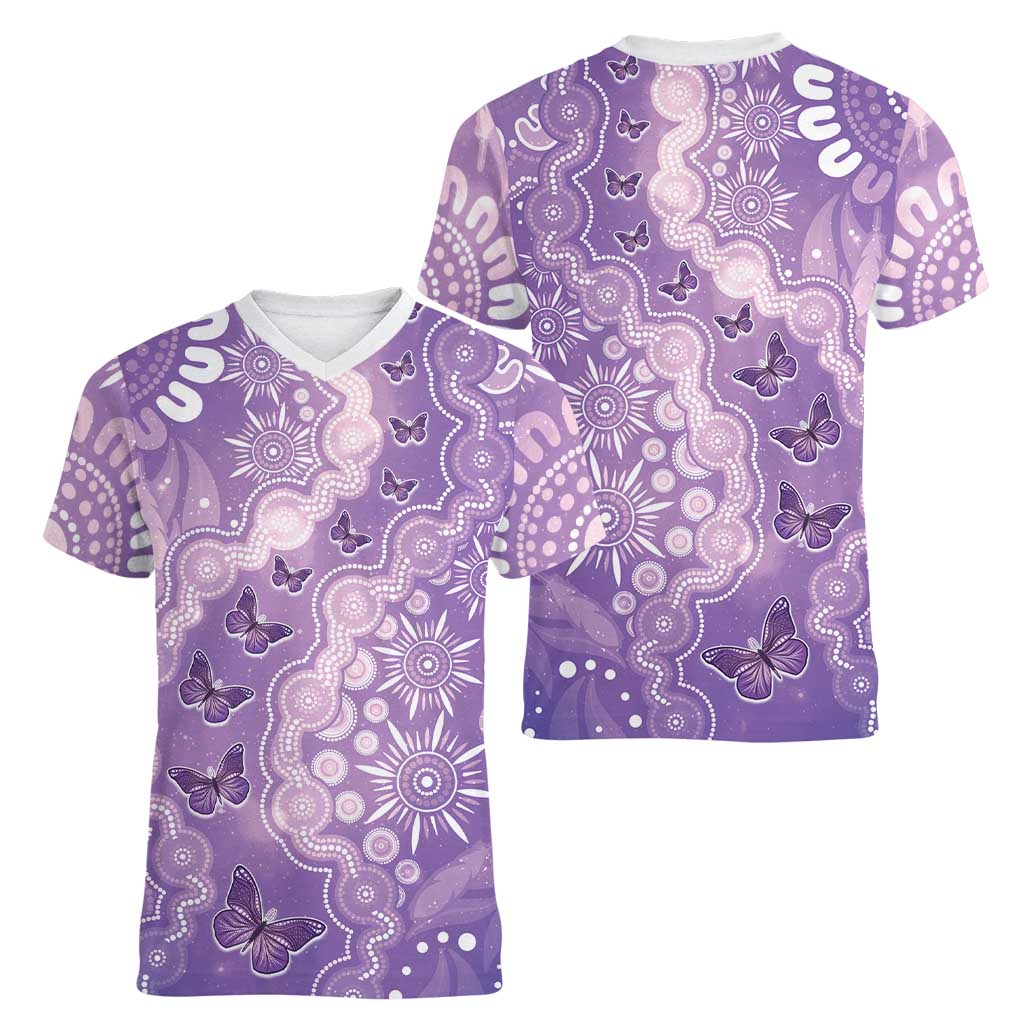 Australia Epilepsy Awareness Women V-Neck T-Shirt Purple Butterflies Aboriginal