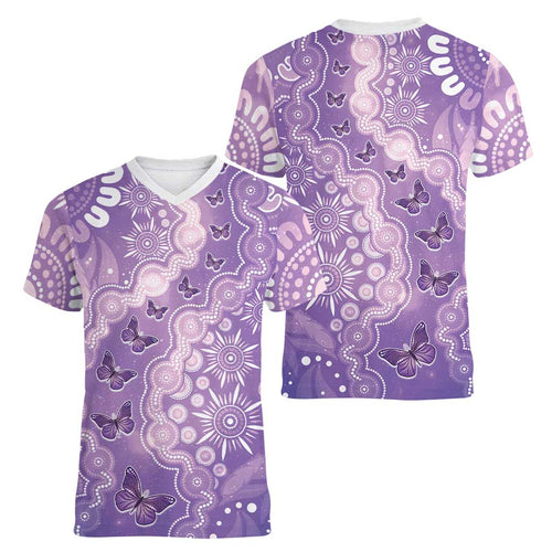 Australia Epilepsy Awareness Women V-Neck T-Shirt Purple Butterflies Aboriginal