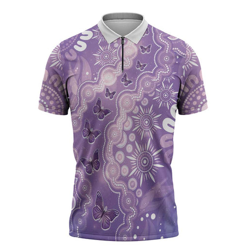 Australia Epilepsy Awareness Zipper Polo Shirt Purple Butterflies Aboriginal
