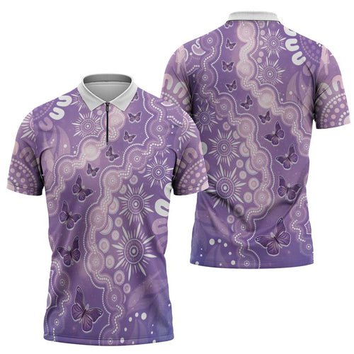 Australia Epilepsy Awareness Zipper Polo Shirt Purple Butterflies Aboriginal