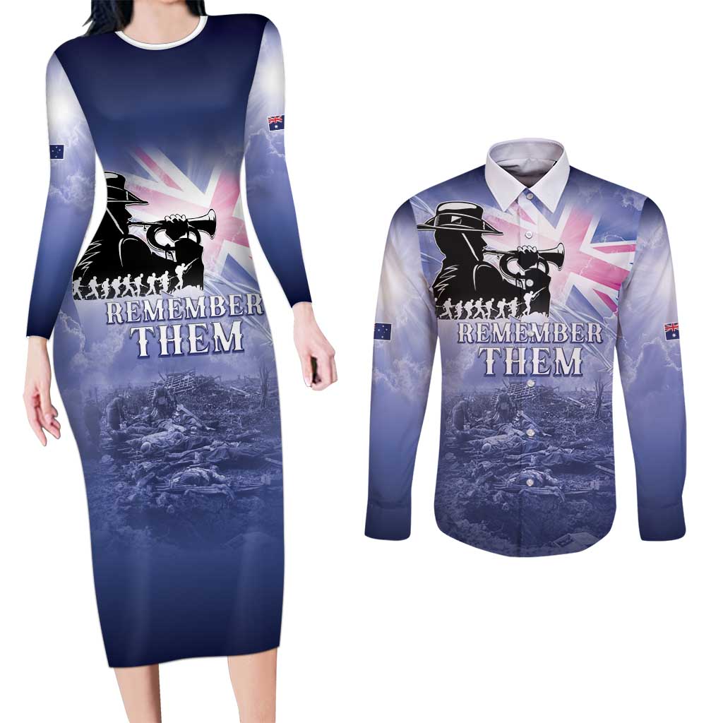 Australia ANZAC Day Couples Matching Long Sleeve Bodycon Dress and Long Sleeve Button Shirt Battle Of Passchendaele Remember Them