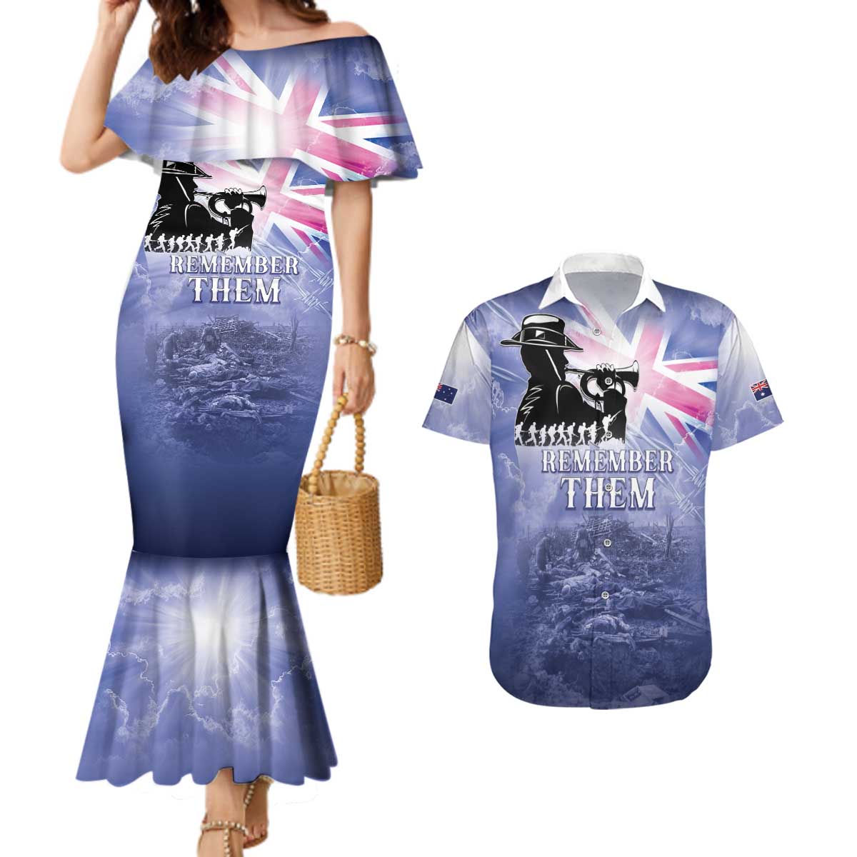 Australia ANZAC Day Couples Matching Mermaid Dress and Hawaiian Shirt Battle Of Passchendaele Remember Them