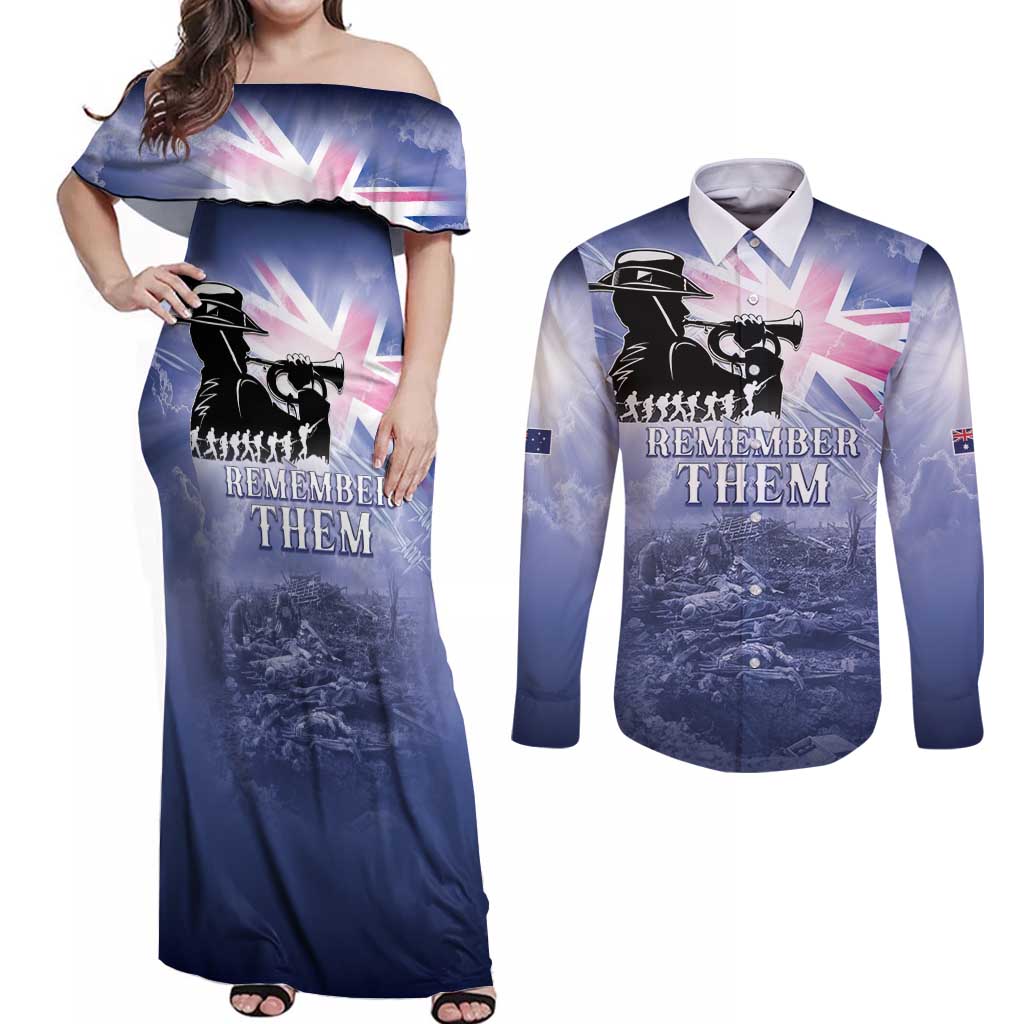 Australia ANZAC Day Couples Matching Off Shoulder Maxi Dress and Long Sleeve Button Shirt Battle Of Passchendaele Remember Them