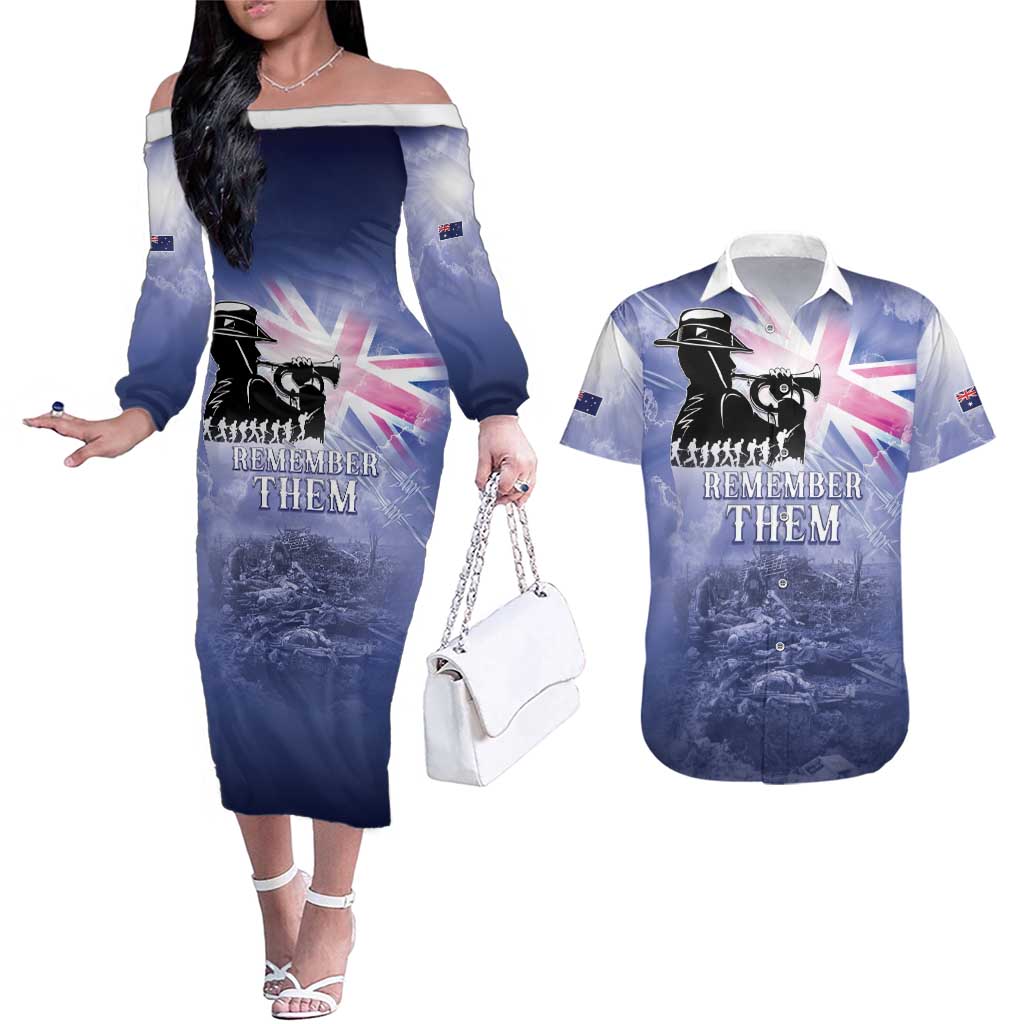 Australia ANZAC Day Couples Matching Off The Shoulder Long Sleeve Dress and Hawaiian Shirt Battle Of Passchendaele Remember Them