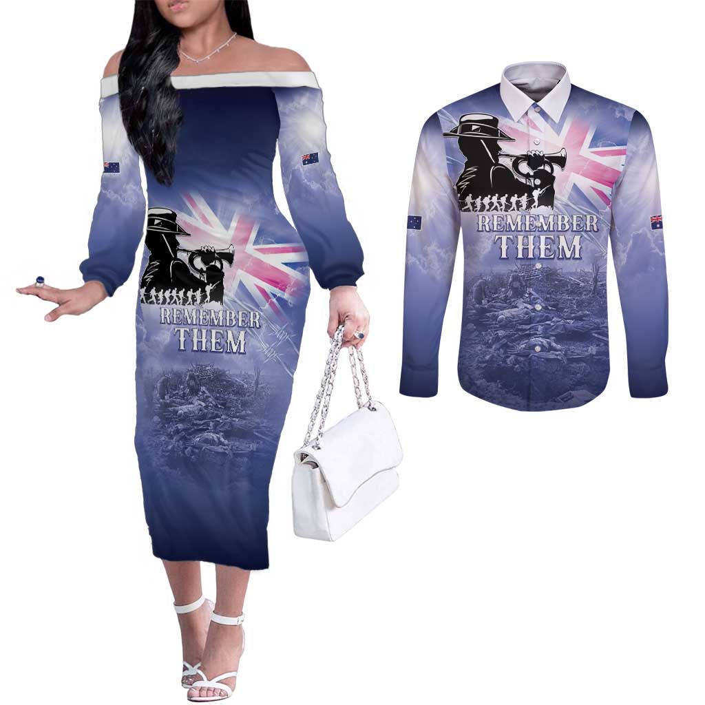 Australia ANZAC Day Couples Matching Off The Shoulder Long Sleeve Dress and Long Sleeve Button Shirt Battle Of Passchendaele Remember Them