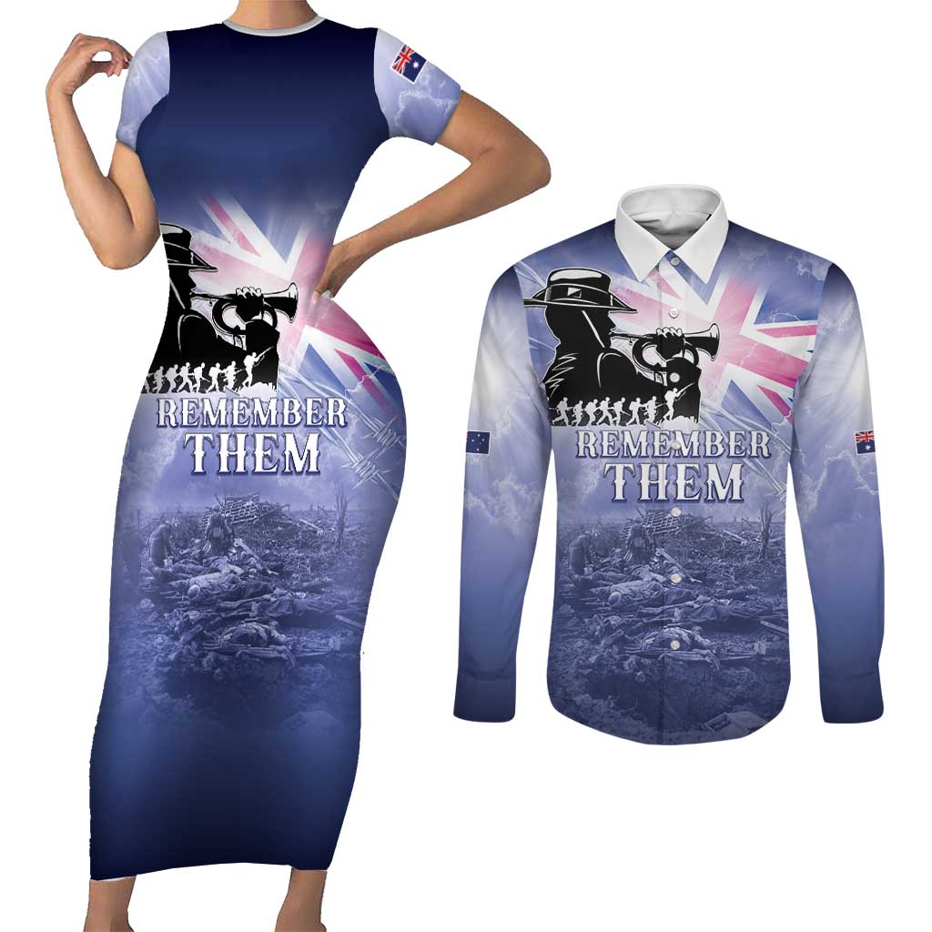 Australia ANZAC Day Couples Matching Short Sleeve Bodycon Dress and Long Sleeve Button Shirt Battle Of Passchendaele Remember Them