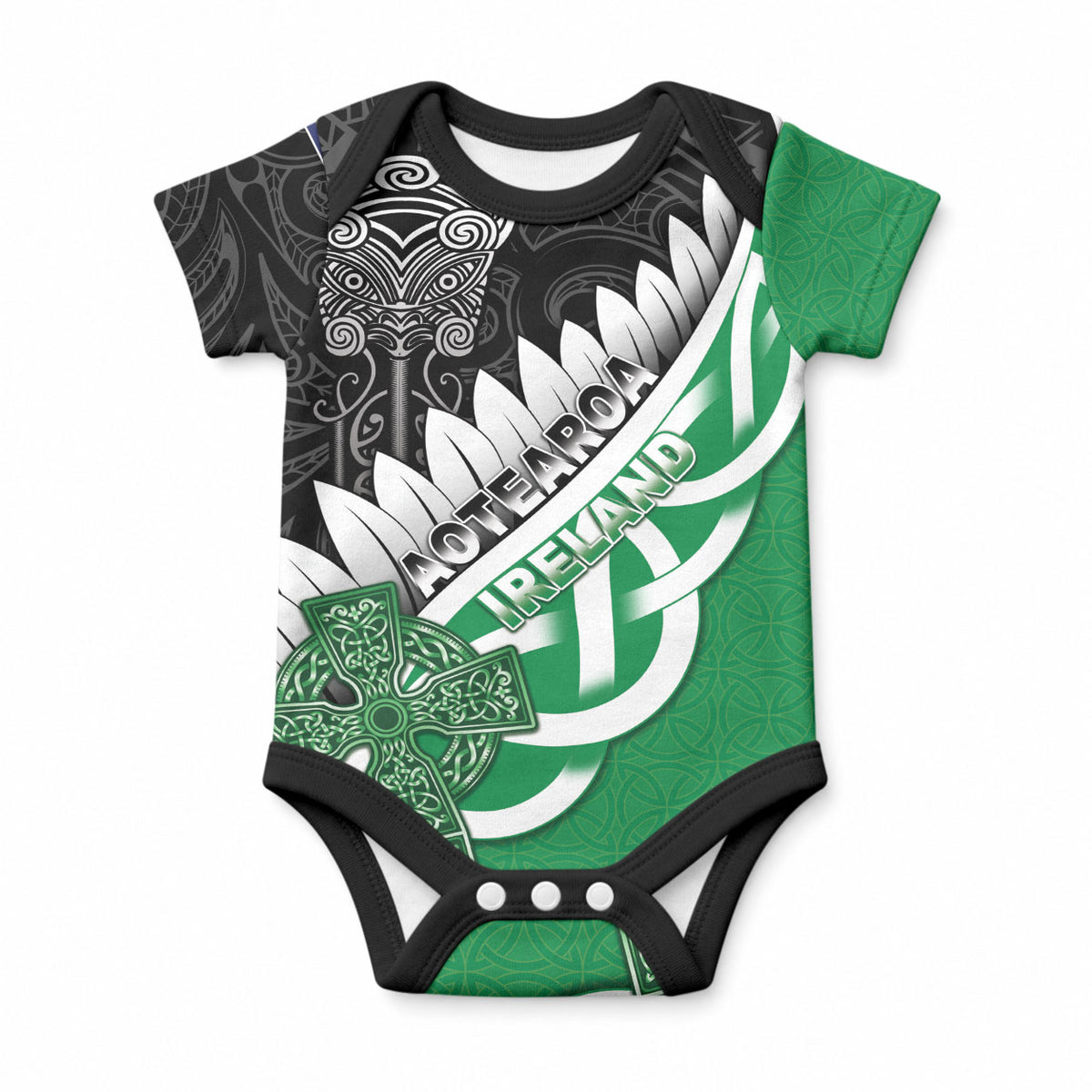 New Zealand And Ireland Rugby Custom Baby Onesie Silver Fern With Celtic Cross