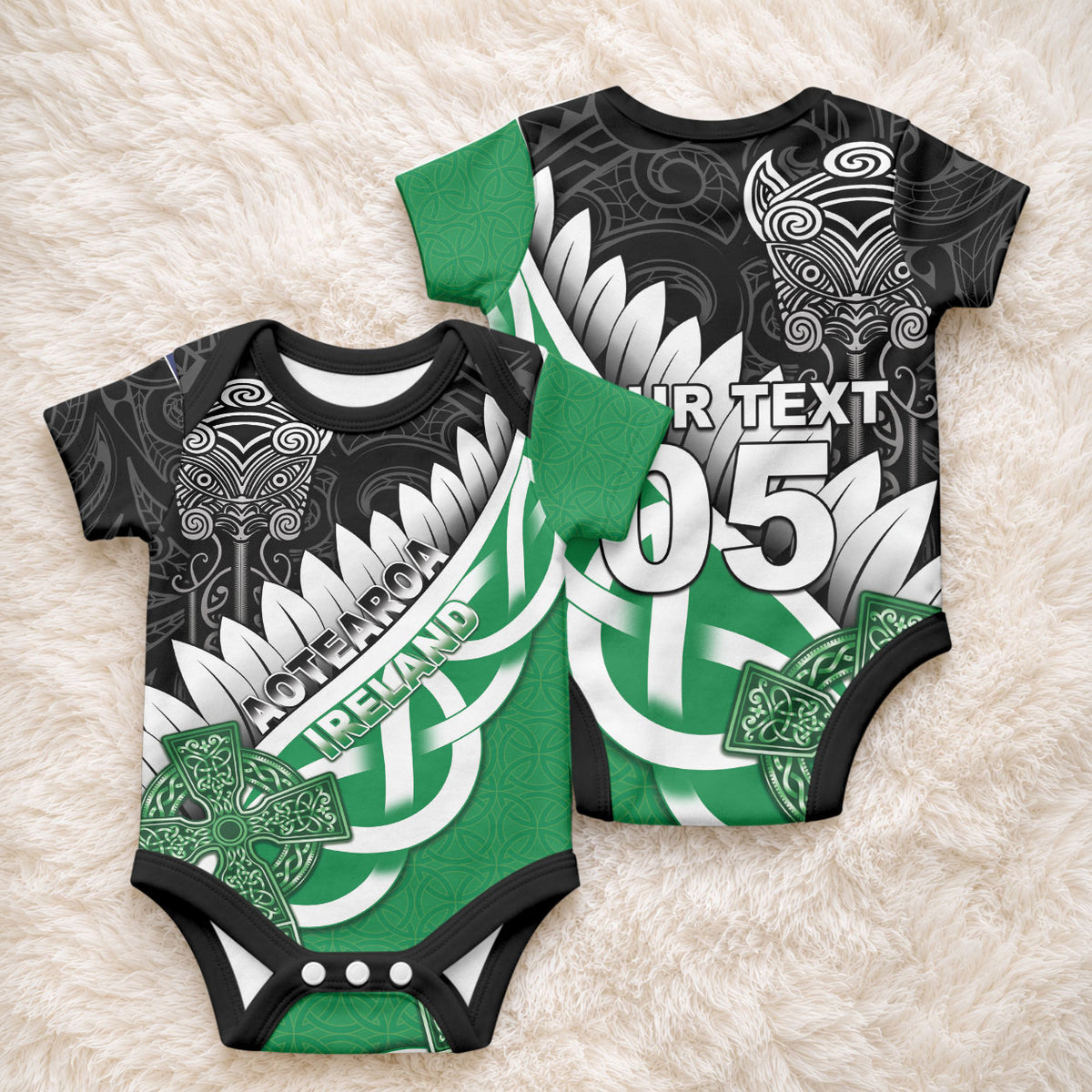 New Zealand And Ireland Rugby Custom Baby Onesie Silver Fern With Celtic Cross