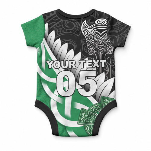New Zealand And Ireland Rugby Custom Baby Onesie Silver Fern With Celtic Cross