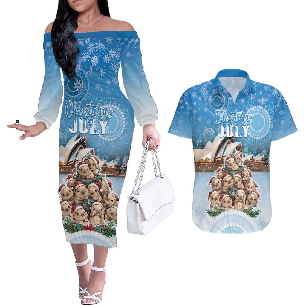 Personalised Australia Yulefest Couples Matching Off The Shoulder Long Sleeve Dress and Hawaiian Shirt Cute Wombat Sydney Opera House