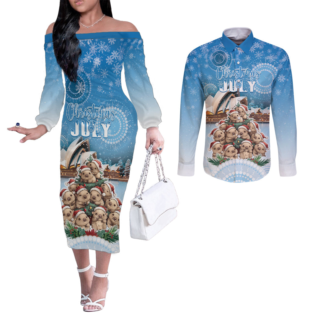 Personalised Australia Yulefest Couples Matching Off The Shoulder Long Sleeve Dress and Long Sleeve Button Shirt Cute Wombat Sydney Opera House