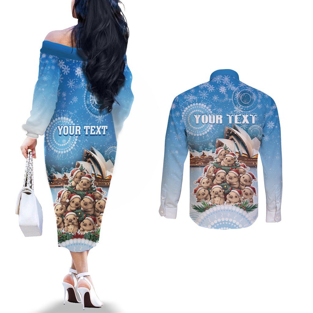 Personalised Australia Yulefest Couples Matching Off The Shoulder Long Sleeve Dress and Long Sleeve Button Shirt Cute Wombat Sydney Opera House