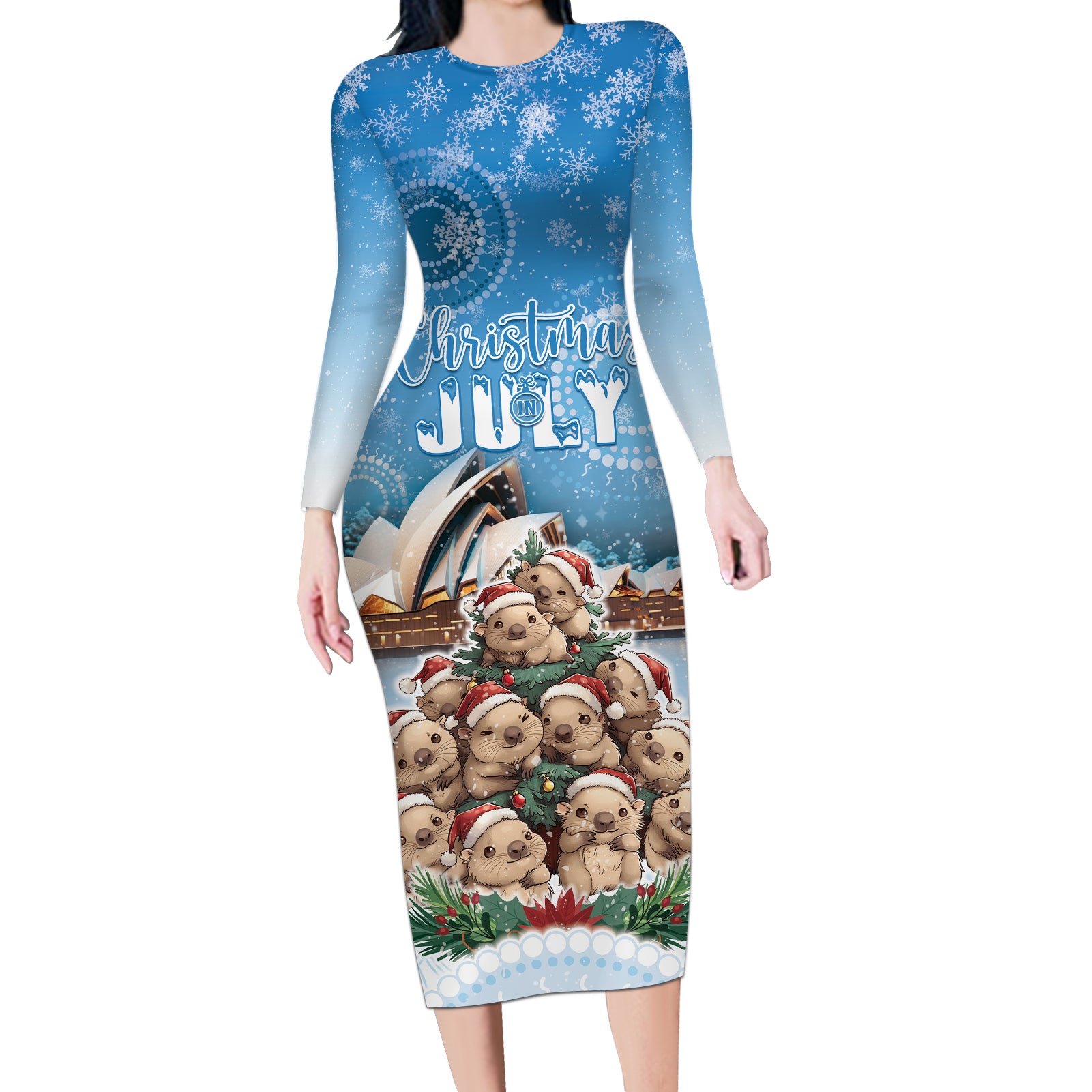 Personalised Australia Yulefest Long Sleeve Bodycon Dress Cute Wombat Sydney Opera House
