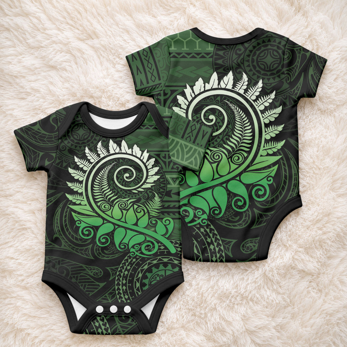 New Zealand Maori Koru Fern Baby Onesie Spiral Polynesian Style Green