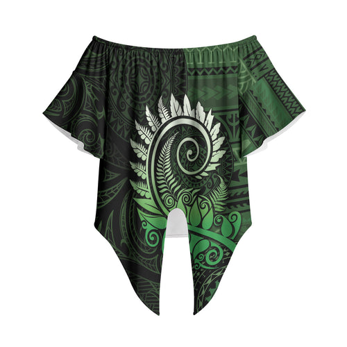 New Zealand Maori Koru Fern Off Shoulder Wrap Waist Top Spiral Polynesian Style Green