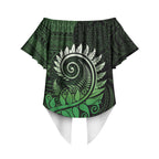 New Zealand Maori Koru Fern Off Shoulder Wrap Waist Top Spiral Polynesian Style Green