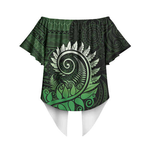 New Zealand Maori Koru Fern Off Shoulder Wrap Waist Top Spiral Polynesian Style Green