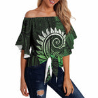 New Zealand Maori Koru Fern Off Shoulder Wrap Waist Top Spiral Polynesian Style Green