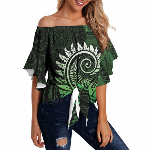 New Zealand Maori Koru Fern Off Shoulder Wrap Waist Top Spiral Polynesian Style Green