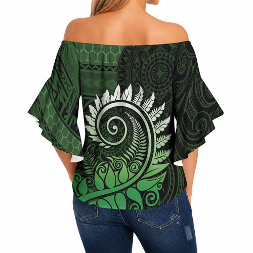 New Zealand Maori Koru Fern Off Shoulder Wrap Waist Top Spiral Polynesian Style Green