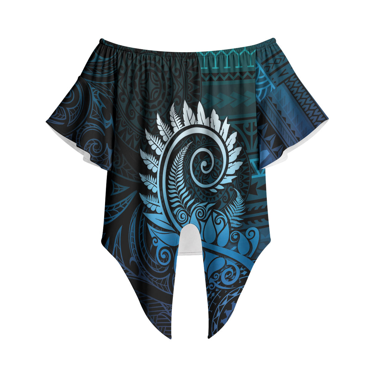 New Zealand Maori Koru Fern Off Shoulder Wrap Waist Top Spiral Polynesian Style Aqua Gradient