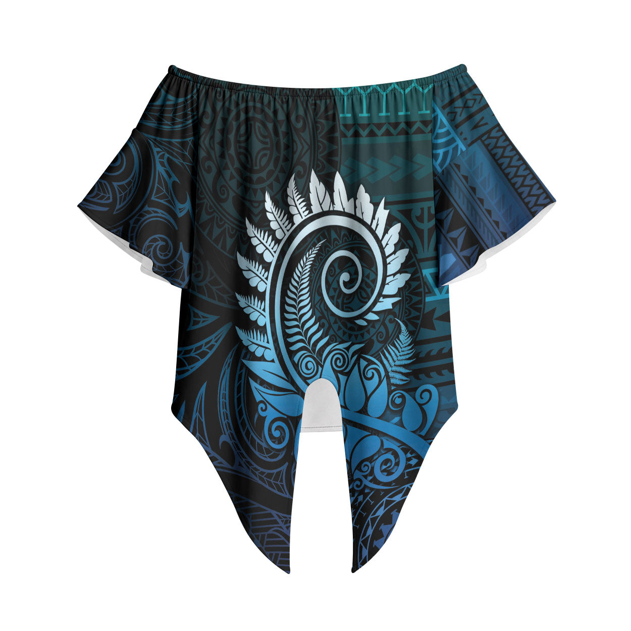 New Zealand Maori Koru Fern Off Shoulder Wrap Waist Top Spiral Polynesian Style Aqua Gradient
