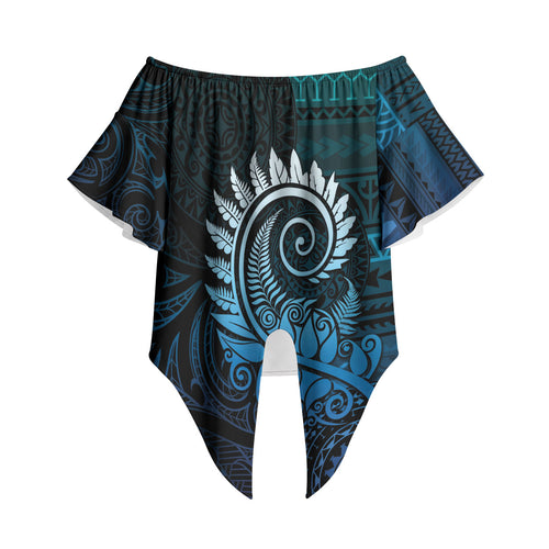 New Zealand Maori Koru Fern Off Shoulder Wrap Waist Top Spiral Polynesian Style Aqua Gradient
