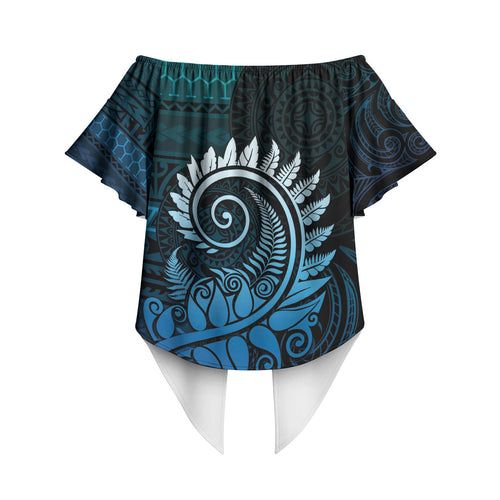 New Zealand Maori Koru Fern Off Shoulder Wrap Waist Top Spiral Polynesian Style Aqua Gradient