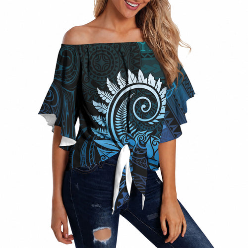 New Zealand Maori Koru Fern Off Shoulder Wrap Waist Top Spiral Polynesian Style Aqua Gradient