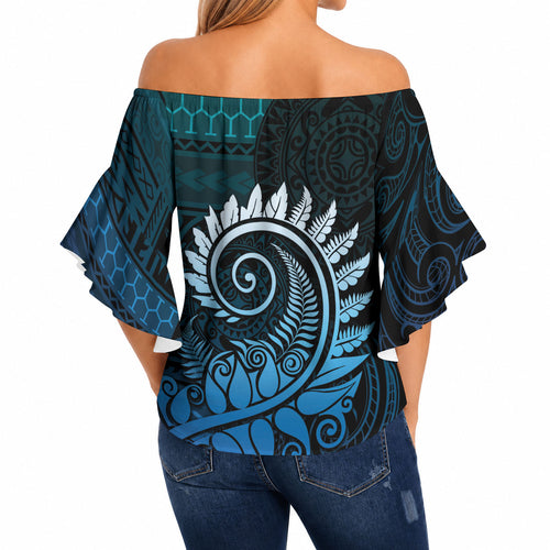 New Zealand Maori Koru Fern Off Shoulder Wrap Waist Top Spiral Polynesian Style Aqua Gradient