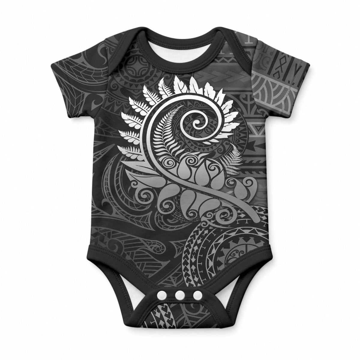 New Zealand Maori Koru Fern Baby Onesie Spiral Polynesian Style Gray