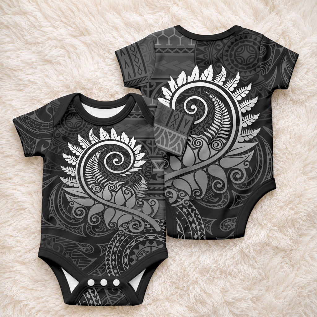 New Zealand Maori Koru Fern Baby Onesie Spiral Polynesian Style Gray