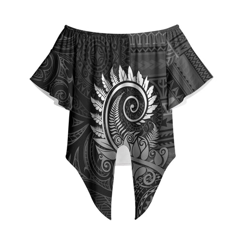 New Zealand Maori Koru Fern Off Shoulder Wrap Waist Top Spiral Polynesian Style Gray