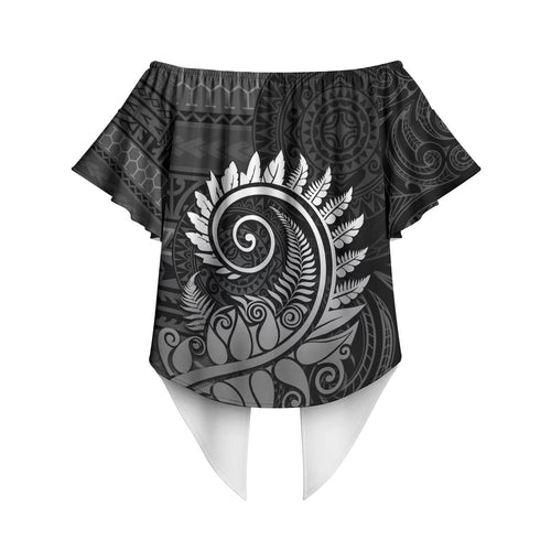New Zealand Maori Koru Fern Off Shoulder Wrap Waist Top Spiral Polynesian Style Gray