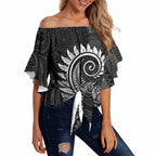 New Zealand Maori Koru Fern Off Shoulder Wrap Waist Top Spiral Polynesian Style Gray