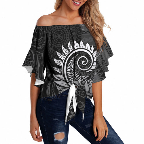 New Zealand Maori Koru Fern Off Shoulder Wrap Waist Top Spiral Polynesian Style Gray
