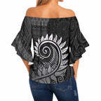 New Zealand Maori Koru Fern Off Shoulder Wrap Waist Top Spiral Polynesian Style Gray