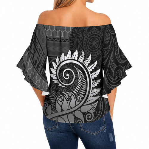 New Zealand Maori Koru Fern Off Shoulder Wrap Waist Top Spiral Polynesian Style Gray