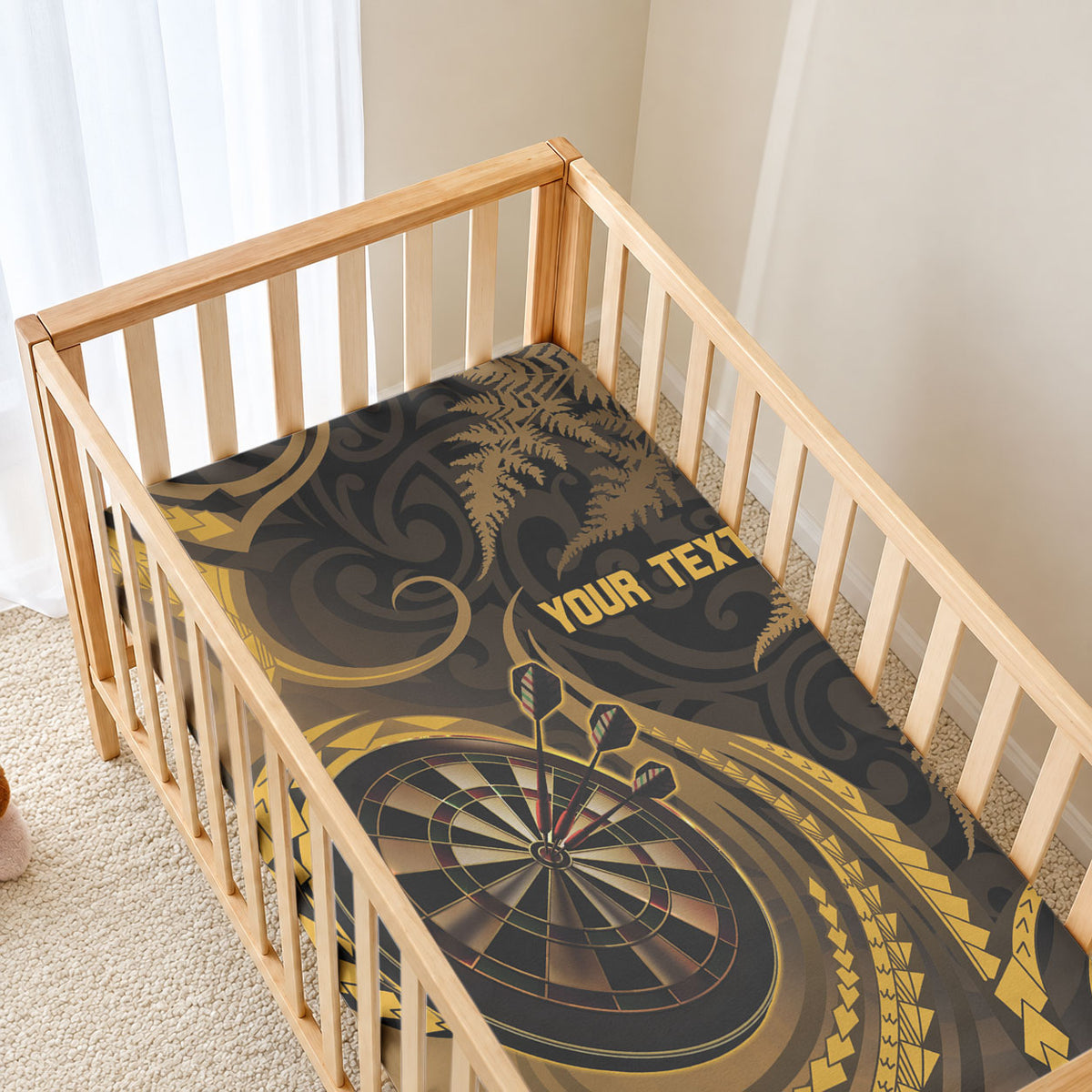 Personalised New Zealand Gold Darts Baby Bed Cover Maori Fern Curve Style
