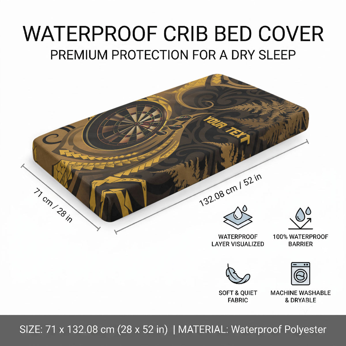 Personalised New Zealand Gold Darts Baby Bed Cover Maori Fern Curve Style