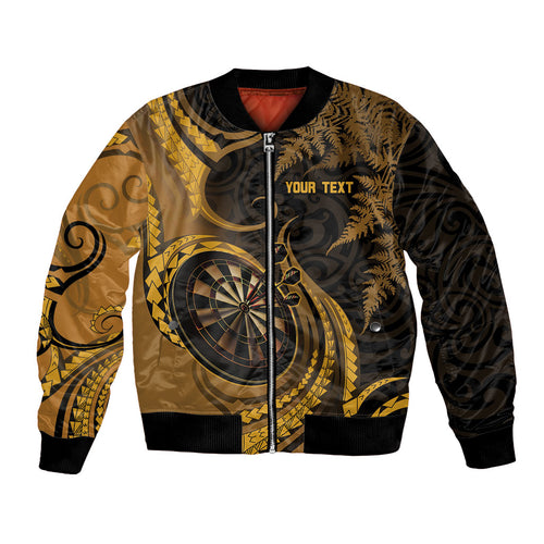 Personalised New Zealand Gold Darts Bomber Jacket Maori Fern Curve Style