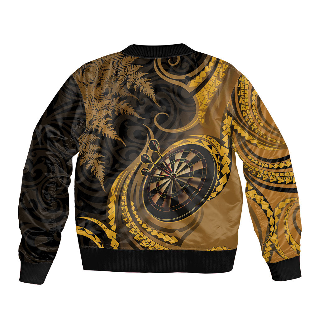 Personalised New Zealand Gold Darts Bomber Jacket Maori Fern Curve Style