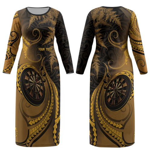 Personalised New Zealand Gold Darts Couples Matching Long Sleeve Bodycon Dress and Long Sleeve Button Shirt Maori Fern Curve Style
