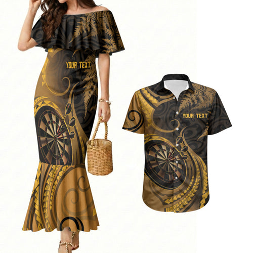 Personalised New Zealand Gold Darts Couples Matching Mermaid Dress and Hawaiian Shirt Maori Fern Curve Style