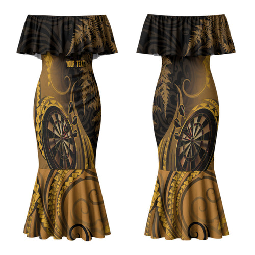 Personalised New Zealand Gold Darts Couples Matching Mermaid Dress and Long Sleeve Button Shirt Maori Fern Curve Style