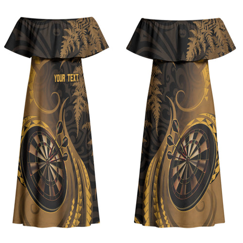 Personalised New Zealand Gold Darts Couples Matching Off Shoulder Maxi Dress and Long Sleeve Button Shirt Maori Fern Curve Style