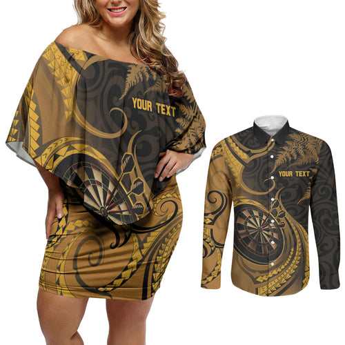 Personalised New Zealand Gold Darts Couples Matching Off Shoulder Short Dress and Long Sleeve Button Shirt Maori Fern Curve Style