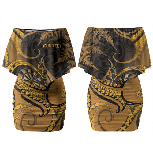 Personalised New Zealand Gold Darts Couples Matching Off Shoulder Short Dress and Long Sleeve Button Shirt Maori Fern Curve Style