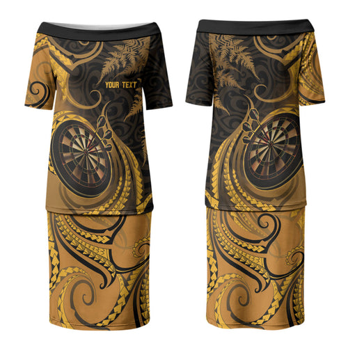 Personalised New Zealand Gold Darts Couples Matching Puletasi and Hawaiian Shirt Maori Fern Curve Style